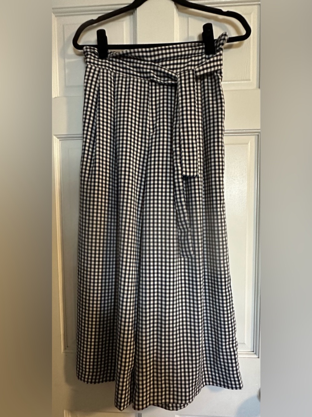 Zara Black and White Gingham Cropped Wide-Leg Pants Pull On Waist Side Tie Sz M - Picture 2 of 5